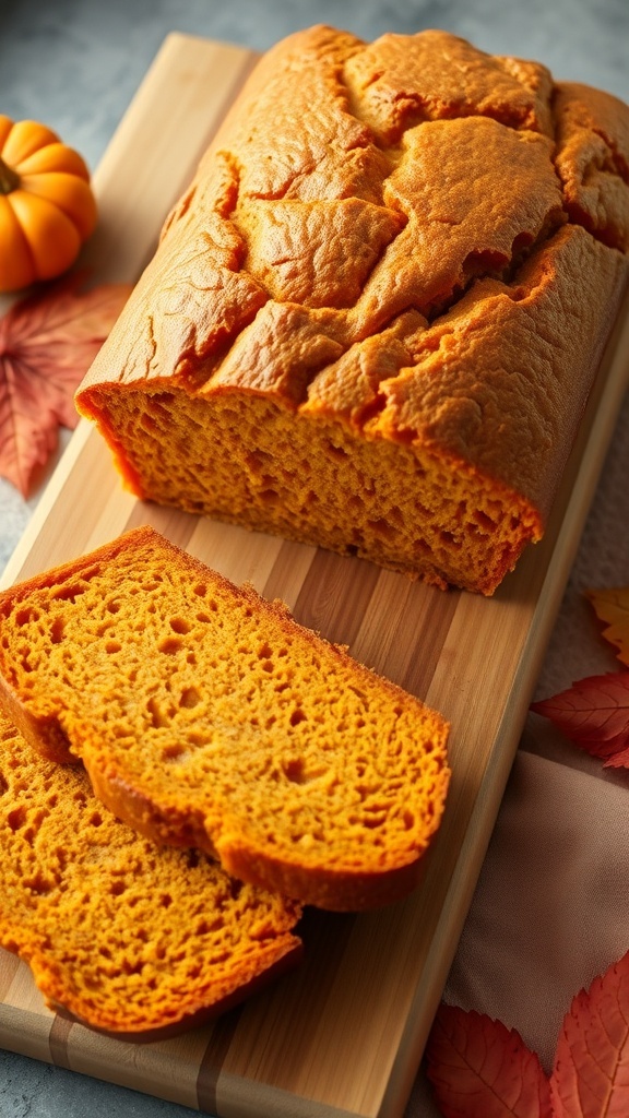 Moist Pumpkin Bread Recipe A loaf of moist pumpkin bread on a cutting board with a slice cut, surrounded by autumn decor.